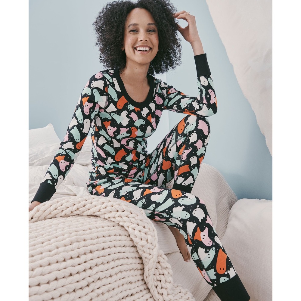 Hanna Andersson Womens Ghost Pajama Set Organic Cotton Halloween Black XS